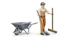 Bruder municipal worker figure with shovel supports digging and outdoor project storytelling.