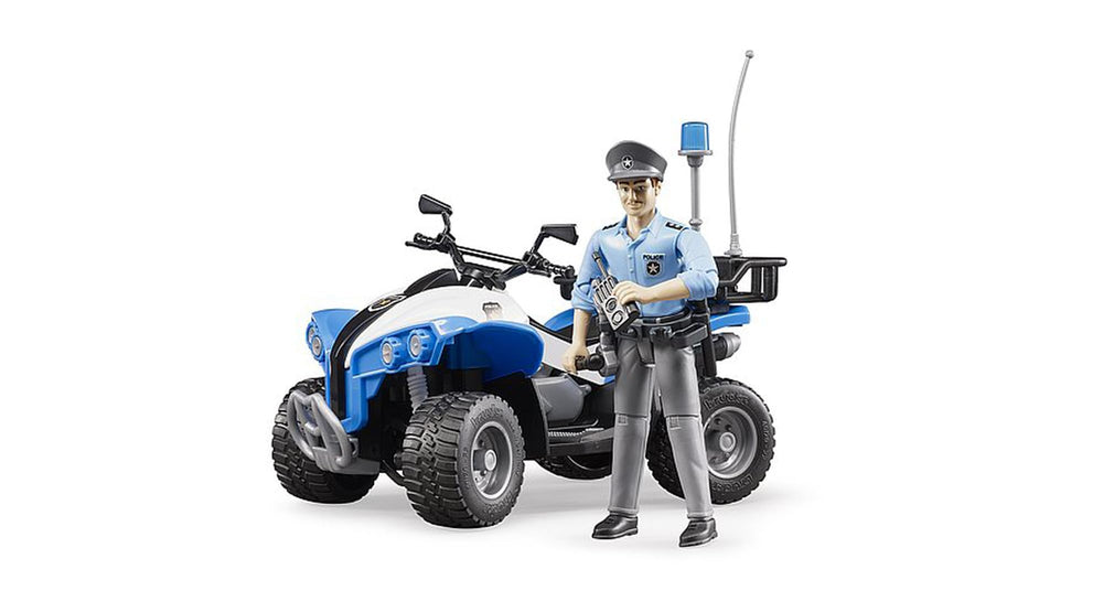 Bruder police officer figure BWORLD image emphasizes lifelike officer for realistic scenario play.