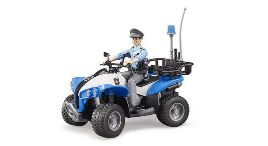 Bruder quad with light police image highlights a durable 1:16-scale police bike for indoor and outdoor play.