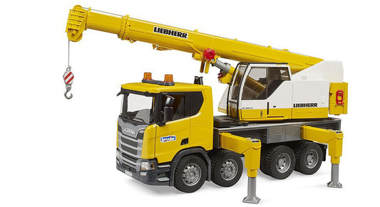 Bruder Scania Super 560R Liebherr crane truck front view with durable polycarbonate cab