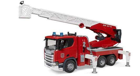BRUDER Scania Super 560R fire engine with water tank for realistic firefighting play.