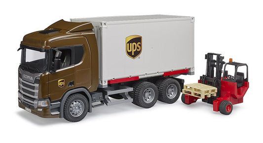 Bruder Scania Super 560R UPS truck front view highlights durable build for lasting pretend play