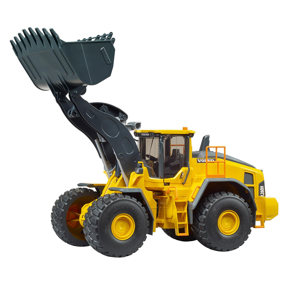 Bruder Volvo L260H wheel loader engine hood opens for service-like inspection.