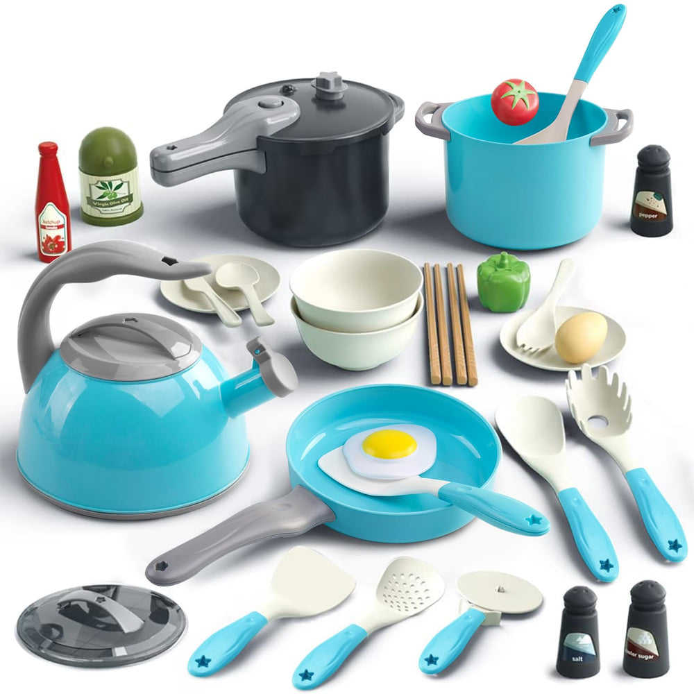 Bruvoalon teal grey kitchen set pots and pans for imaginative play.