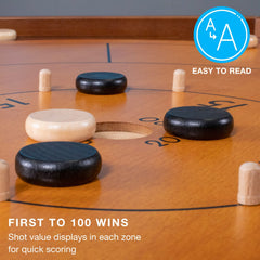 Brybelly wooden crokinole board close-up shows smooth finish.