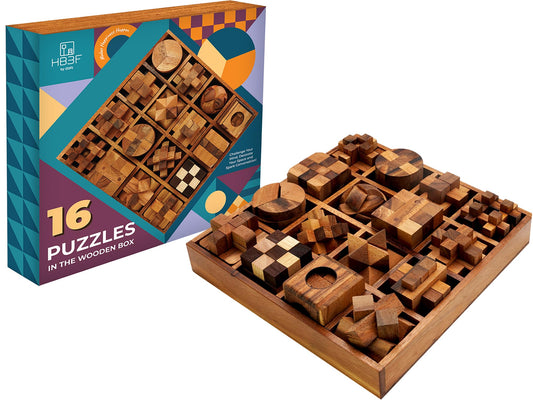 BSIRI 16-in-1 wooden brain teaser assembly for tactile focus on a desk.