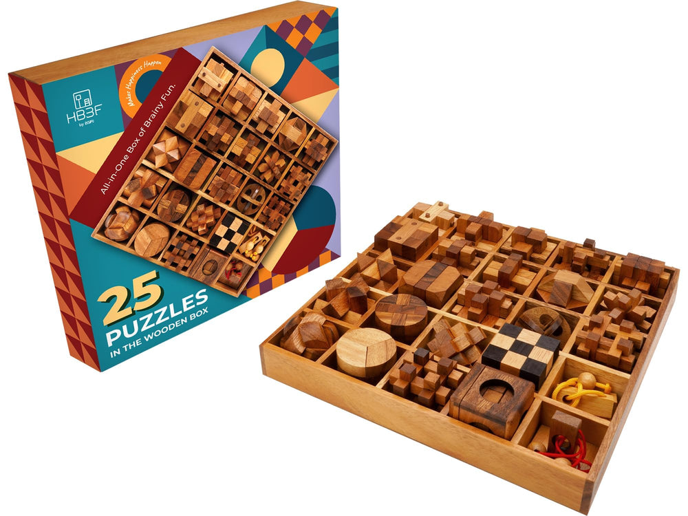 BSIRI 25-in-1 wooden brain teaser pieces laid out for tactile play.