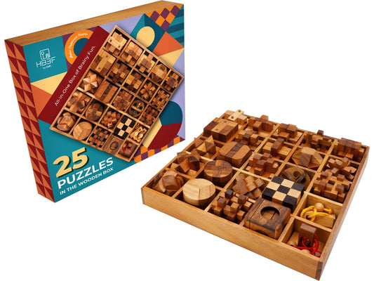 BSIRI 25-in-1 wooden brain teaser pieces laid out for tactile play.