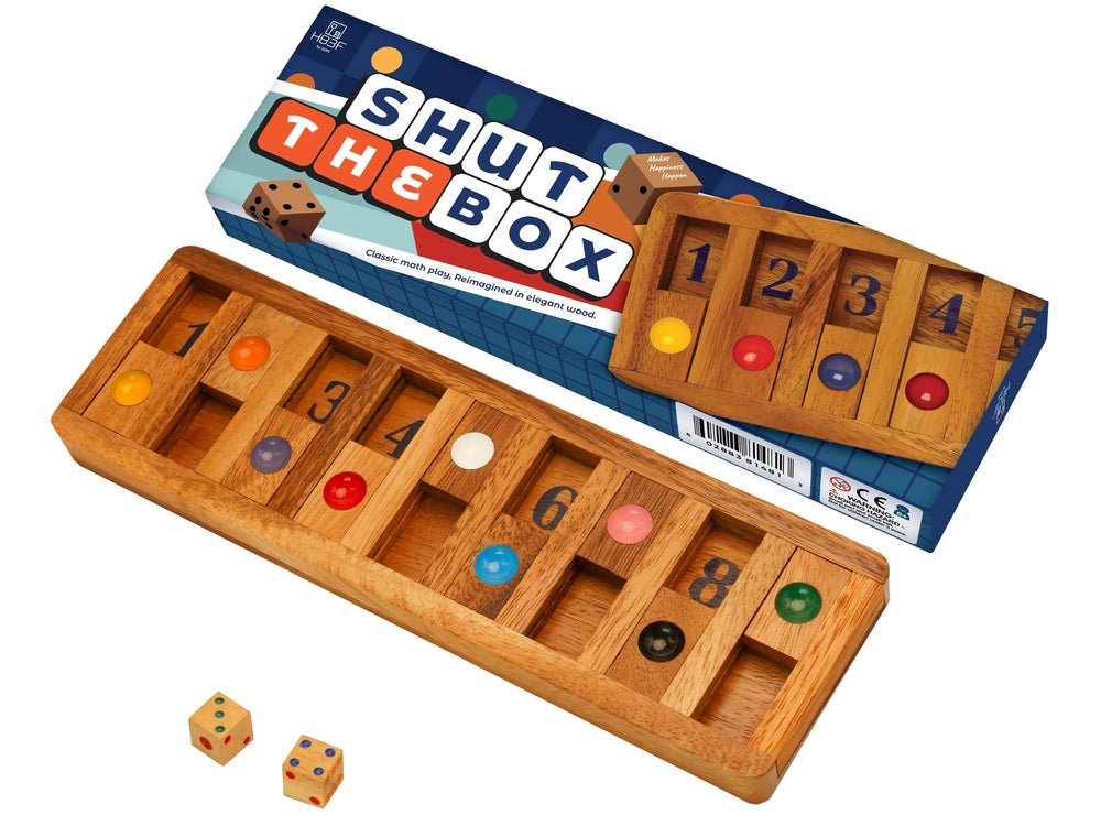BSIRI Shut The Box wooden box with natural wood grain for a timeless brain teaser.