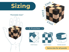 BSIRI wooden brain teaser pieces with natural finish displayed on shelf