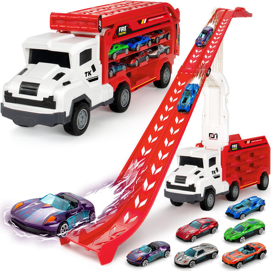 Bstoyder carrier truck with folding track for portable racing fun and easy cleanup.