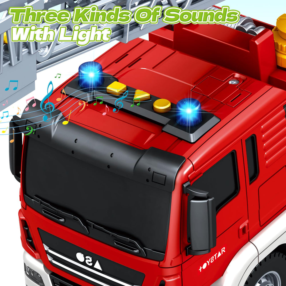 Bstoyder fire truck ladder tilts and rotates for varied firefighting simulations.