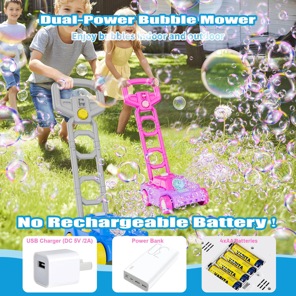 Bttyu Bubble Lawn Mower runs on AA batteries for portable use.