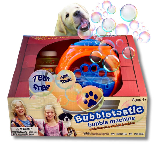 Bubbletastic bacon bubble machine front view shows dog-friendly bubbles in play.