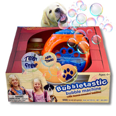 Bubbletastic bacon bubble machine front view shows dog-friendly bubbles in play.