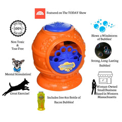 Bubbletastic dog playing with bacon bubbles demonstrates engaging interactive toy.