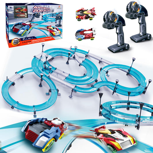 BUBUQE slot car track overview showing a two-player setup for shared fun