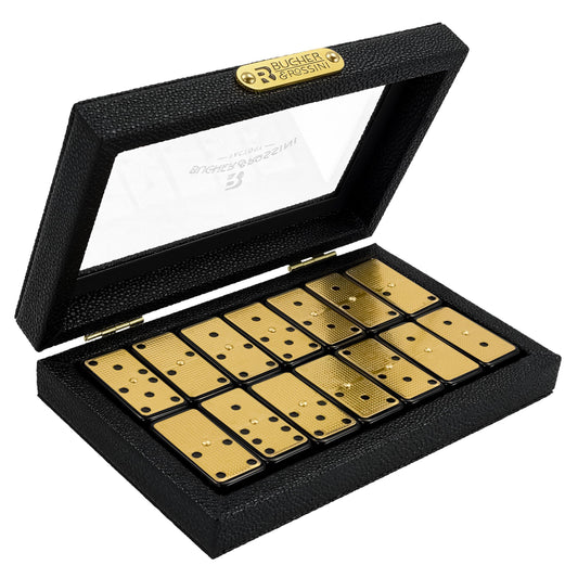 Bucher&Rossini metal dominoes double-6 set closeup with premium build for lasting game nights