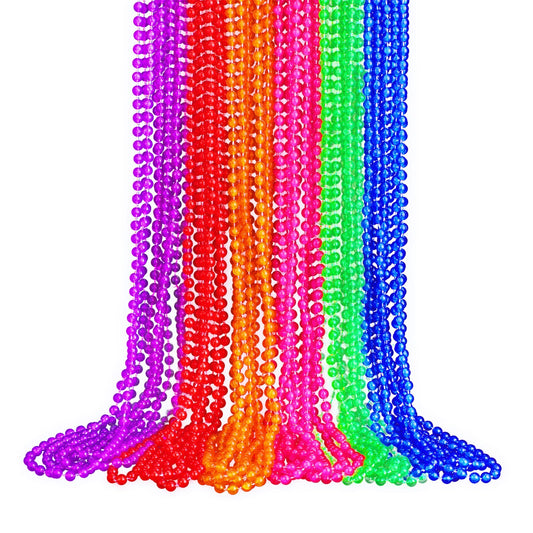 Bucherry neon Mardi Gras beads in red, blue, green, purple, orange glow brightly at parties