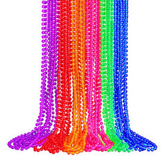 Bucherry neon Mardi Gras beads in red, blue, green, purple, orange glow brightly at parties