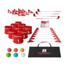 Bucketgolf 9-hole bundle with clubs ready for backyard play and family fun.