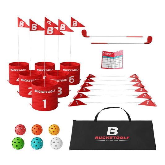 bucketgolf game 6-hole bundle cover photo highlights portable backyard fun for all ages.