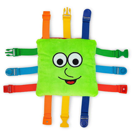 Buckle Toys Buster Square with colorful buckles for fine motor practice.
