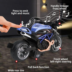BUDARUNS 1:12 scale pull-back motorcycle with lights and sounds for kids.