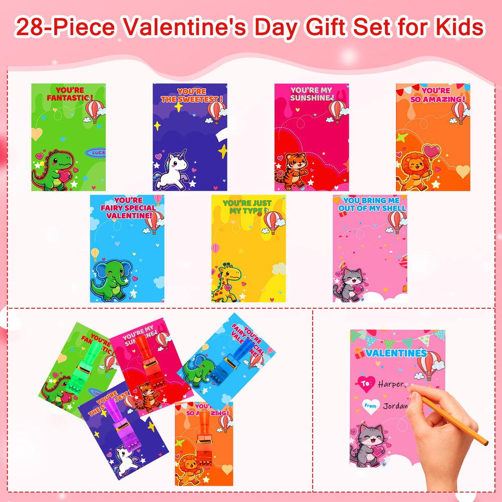 Budbof animal designs valentines cards featuring seven cute characters for kids.