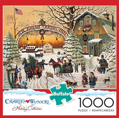 Buffalo Games A Christmas Greeting snowman and fox watch festivities during winter puzzle activity.
