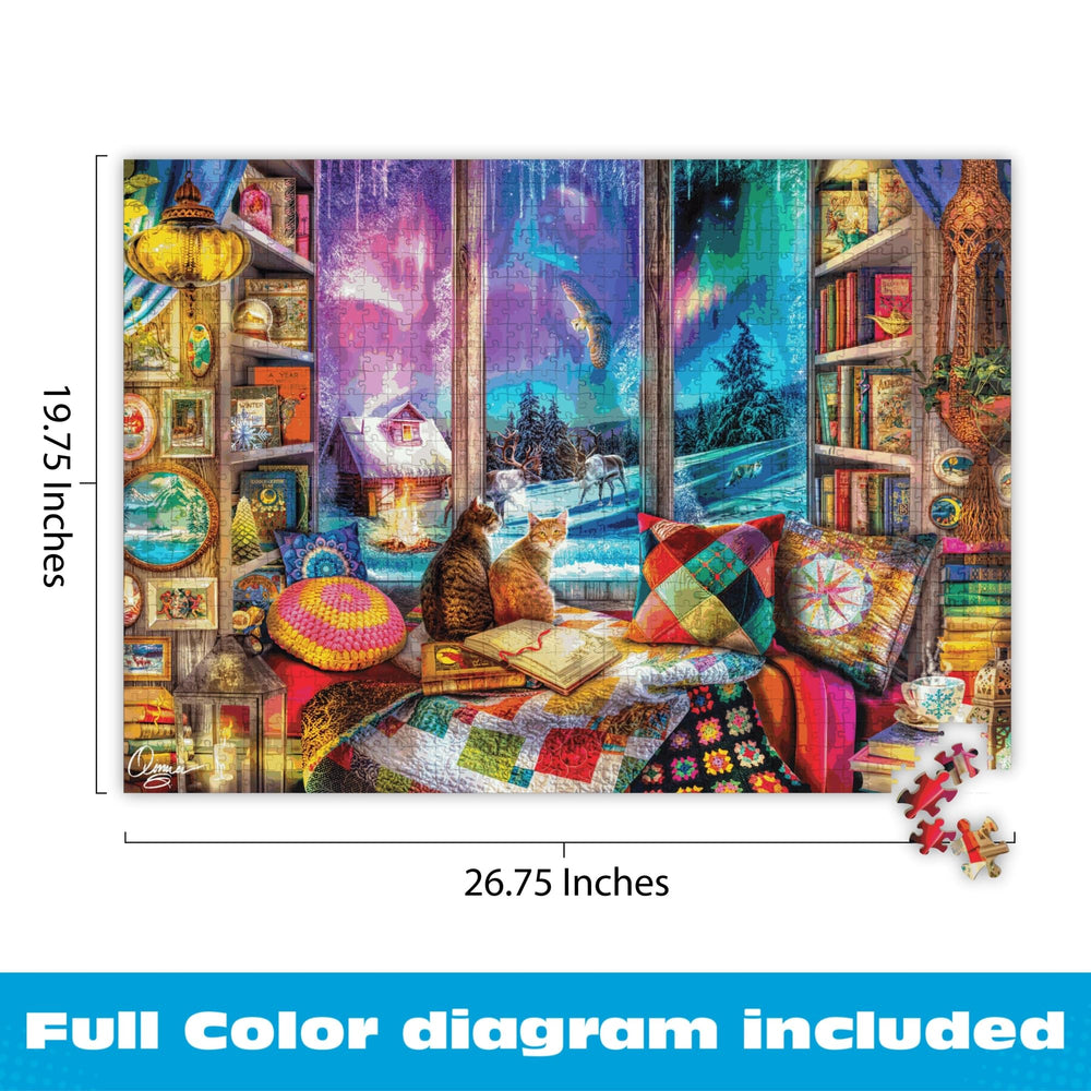 Buffalo Games Aimee Stewart puzzle: book shelves and pillows add rich detail for focused puzzling