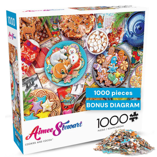 Buffalo Games Aimee Stewart Cookies and Cocoa puzzle cover with vibrant colors for cozy evenings