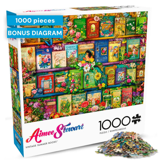 Buffalo Games Aimee Stewart puzzle cover with vintage books and bright florals for relaxing puzzling