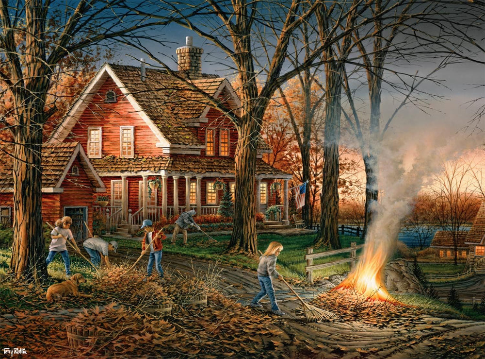 Assembled Buffalo Games Autumn Evening puzzle on table ready for family game night