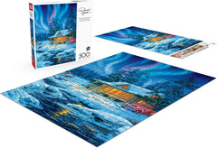 Buffalo Games cabin and deer by snowy river, atmospheric puzzle that invites careful piece placement