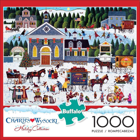 Buffalo Games Charles Wysocki Churchyard Christmas puzzle cover, ideal for holiday evenings.