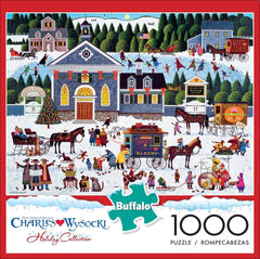 Buffalo Games Charles Wysocki Churchyard Christmas puzzle cover, ideal for holiday evenings.