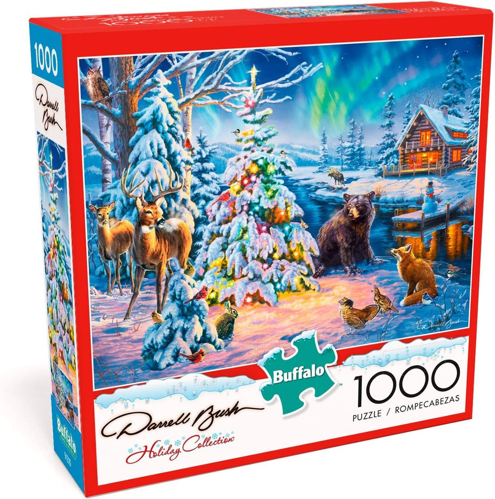 Buffalo Games Darrell Bush Woodland Christmas puzzle cover showing a snowy winter scene for mindful concentration