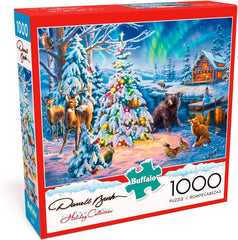 Buffalo Games Darrell Bush Woodland Christmas puzzle cover showing a snowy winter scene for mindful concentration