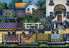 Dowdle Amish Quilts pieces on table invite focused, relaxing puzzle play.