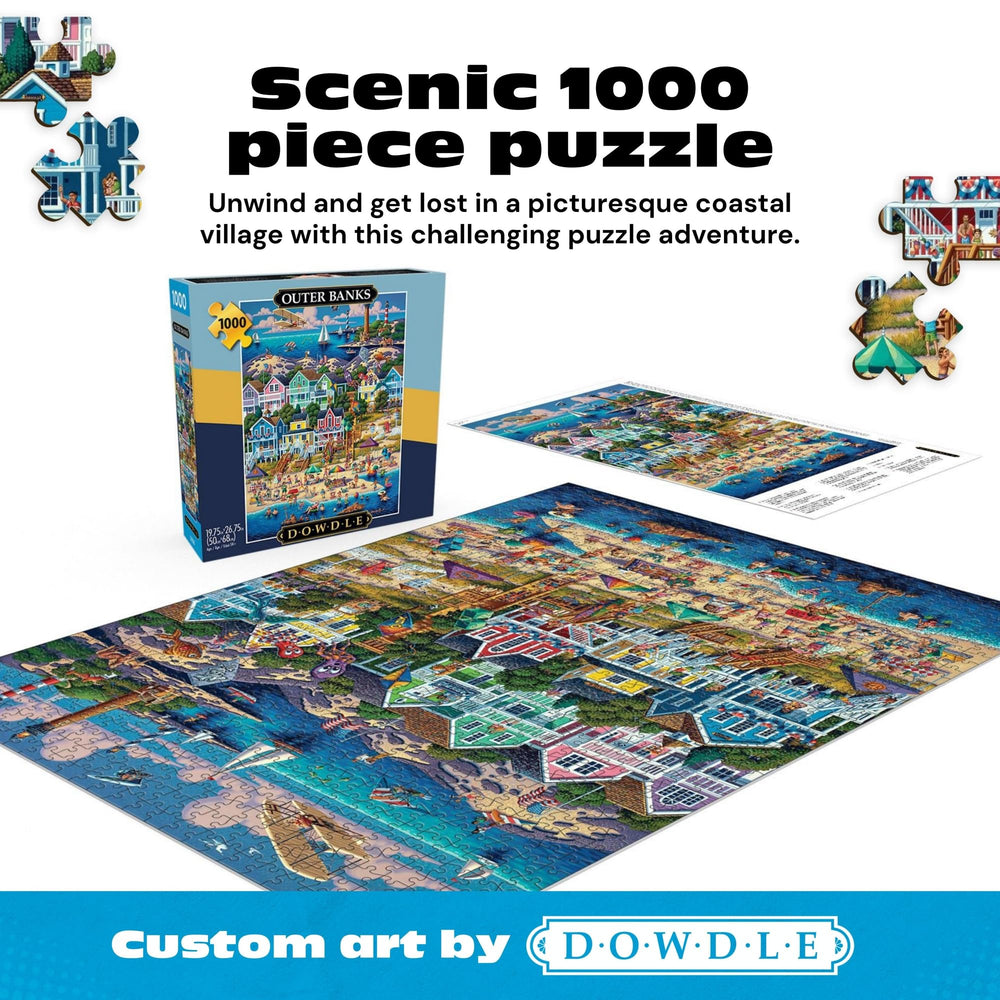 Dowdle Outer Banks art detail by Buffalo Games reveals colorful cottages and lighthouses for immersive viewing.