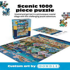 Dowdle Outer Banks art detail by Buffalo Games reveals colorful cottages and lighthouses for immersive viewing.