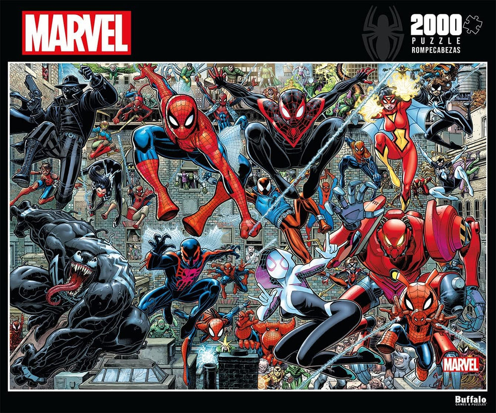 Buffalo Games Spider-Verse variants with heroes for collaborative puzzling.