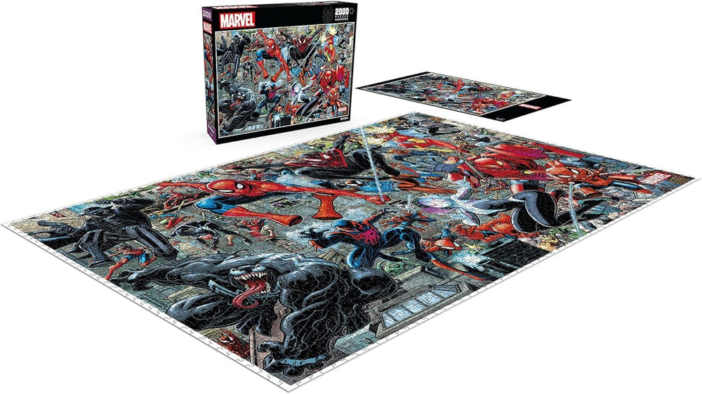 Buffalo Games Spider-Verse puzzle includes Venom and Rhino appearances.