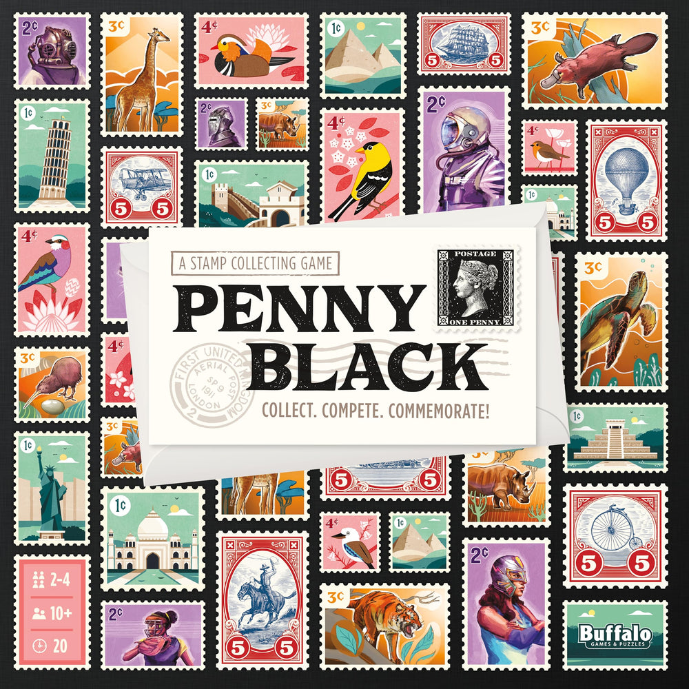 Buffalo Games Penny Black game box with stamp tiles for family night fun.