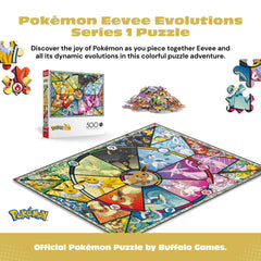 Buffalo Games Eevee Evolutions puzzle close-up pieces highlight vivid color and precision-cut edges.
