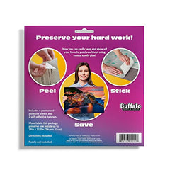 Buffalo Games Puzzle Presto adhesive sheets close-up demonstrating strong, mess-free sticking to finished puzzles.