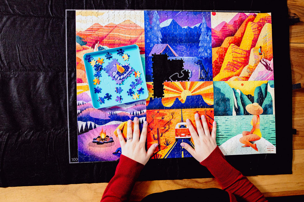 Buffalo Games roll-up mat saves puzzle progress quickly.