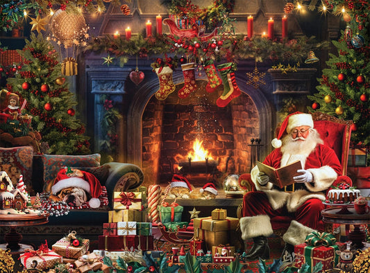 Buffalo Games Santa at Home puzzle shows Santa by a warm fire for family time.