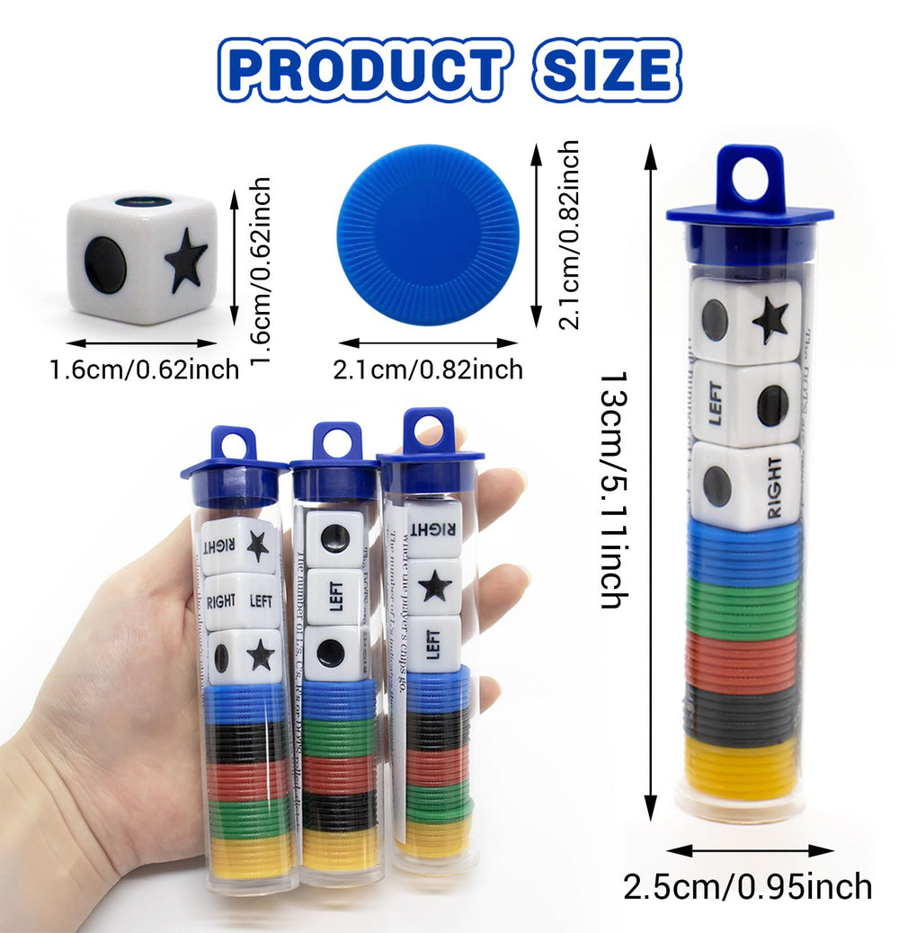 Buffsiss Left Right Center dice set with green tube for color-coded travel storage.